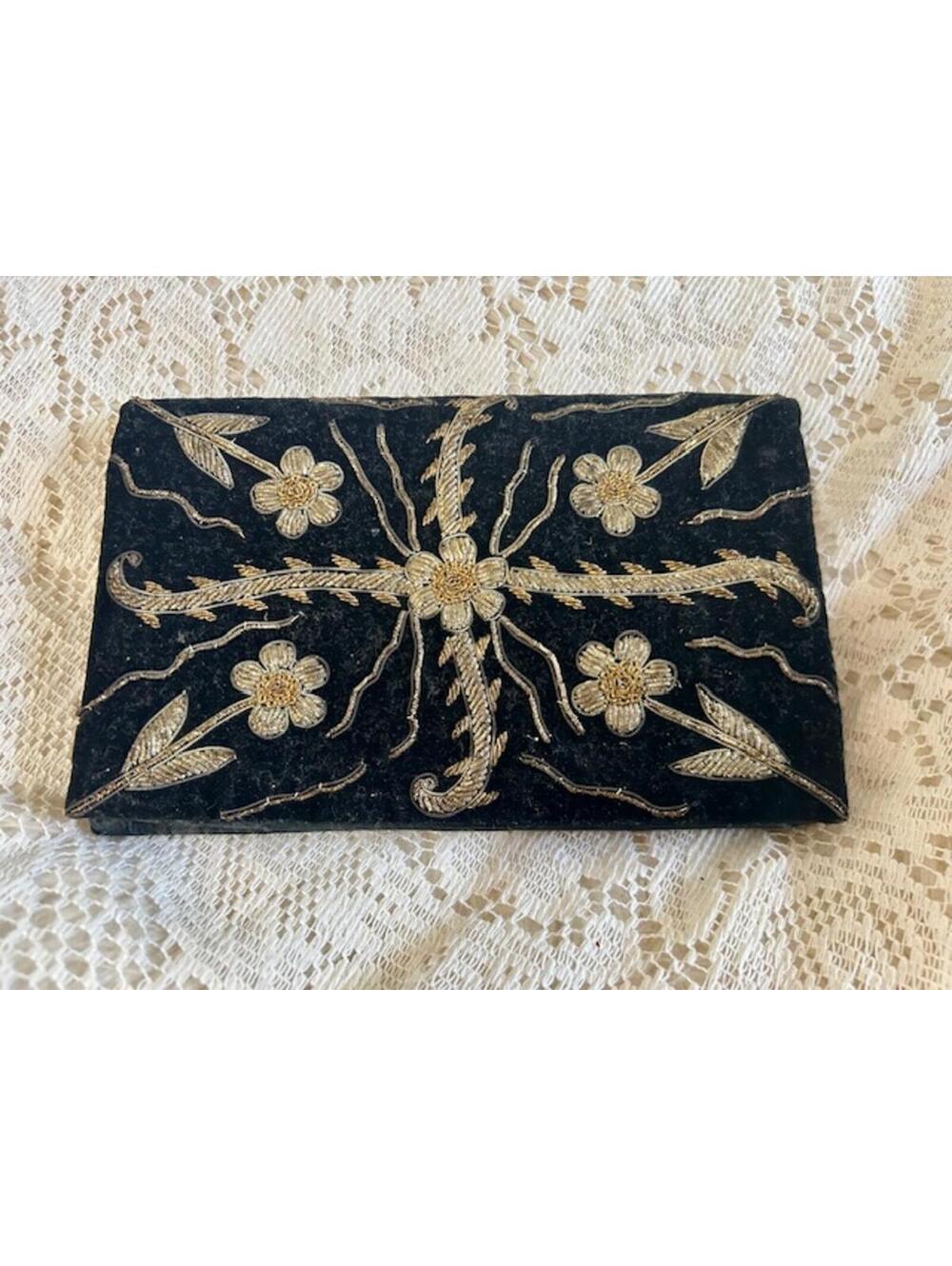 Vintage Black Velvet Clutch with Gold Embroidery
